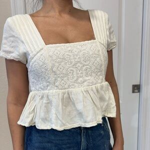 American Eagle Outfitters Ivory Lace Peplum Top